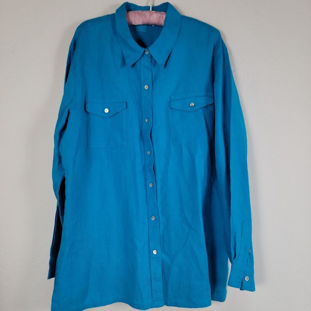 Lino By Chico's Womens Size 3 Long Sleeve Blue Linen Button-Up Shirt Casual